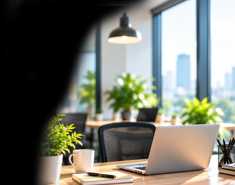 A bright modern office desk with a laptop, a coffee mug and plants